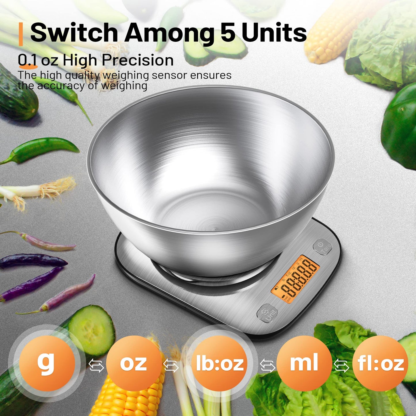 GRAM PRES Food Kitchen Scale Digital Weight Grams and Oz with IPX6 Waterproof,Professional Stainless Steel Digital Kitchen Food Scale 11lb/0.01oz with Bowl for Weight Loss Dieting Baking Cooking