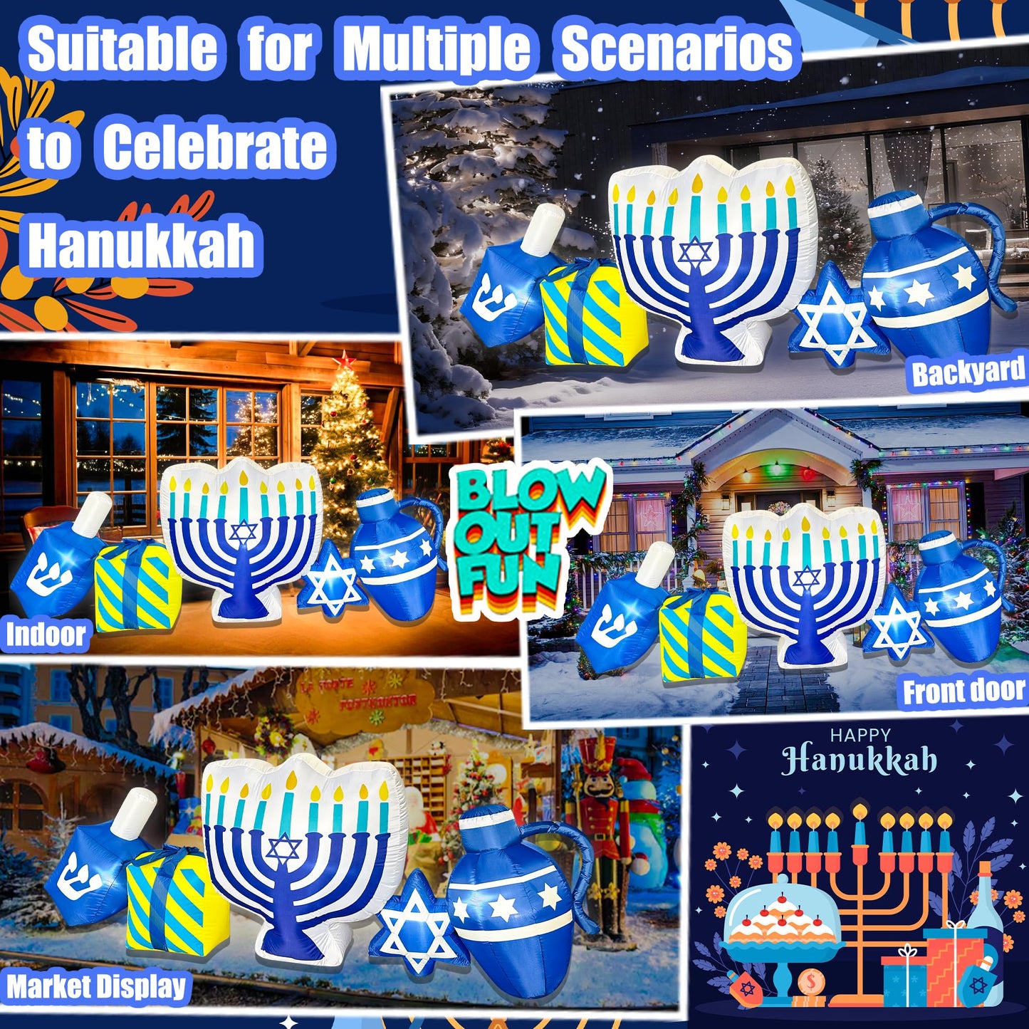 BLOWOUT FUN 8FT Hanukkah Inflatables Menorah Dreidel Gift Box Star Combo Built-in LED Lights Chanukkah Inflatable Decor Hanukkah Blow Up Decorations Outdoor Indoor Yard Garden Lawn Home Party
