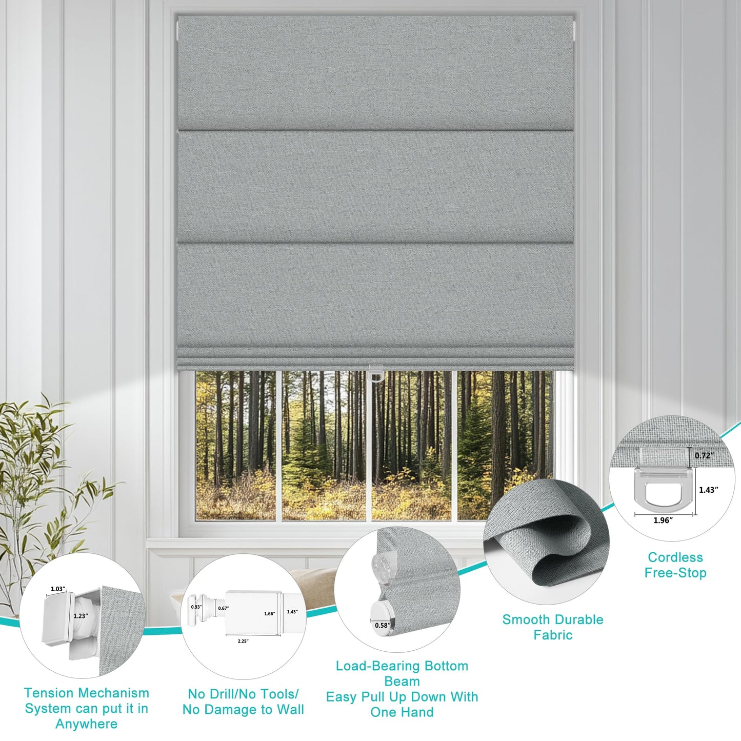 BERISSA No Drill Cordless Roman Shades for Window, Blackout Roman Blinds Room Darkening Pull Down Blinds Easy Install Linen Roman Window Shades for Door,Windows,Bedroom,Custom Size, Light Gray