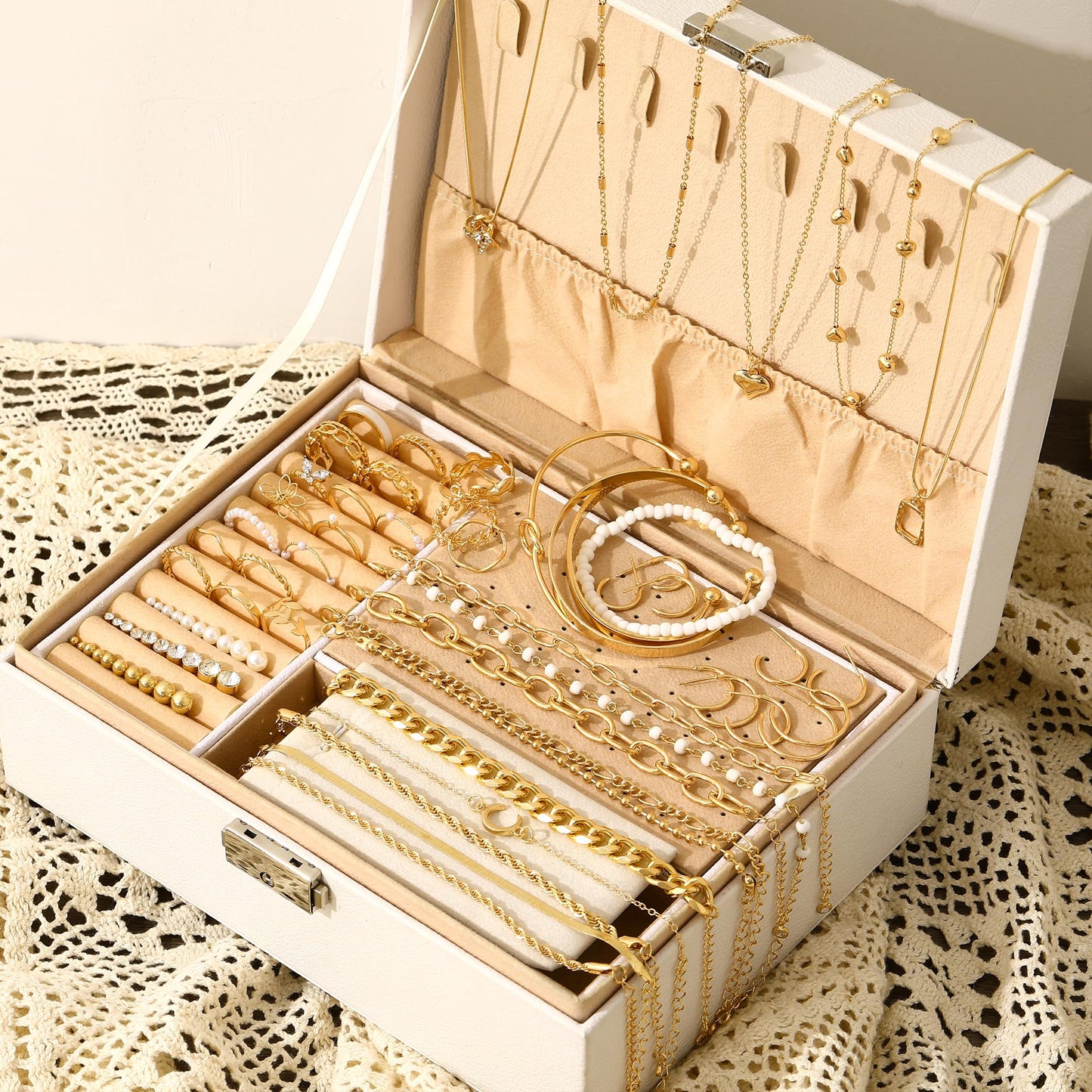 FAXHION 68 Pcs Gold Jewelry Set for Women with 7 Necklace, 17 Bracelet, 5 Hoop Earrings, 15 Stud Earrings, 24 Knuckle Rings for Women Jewelry Set for Women