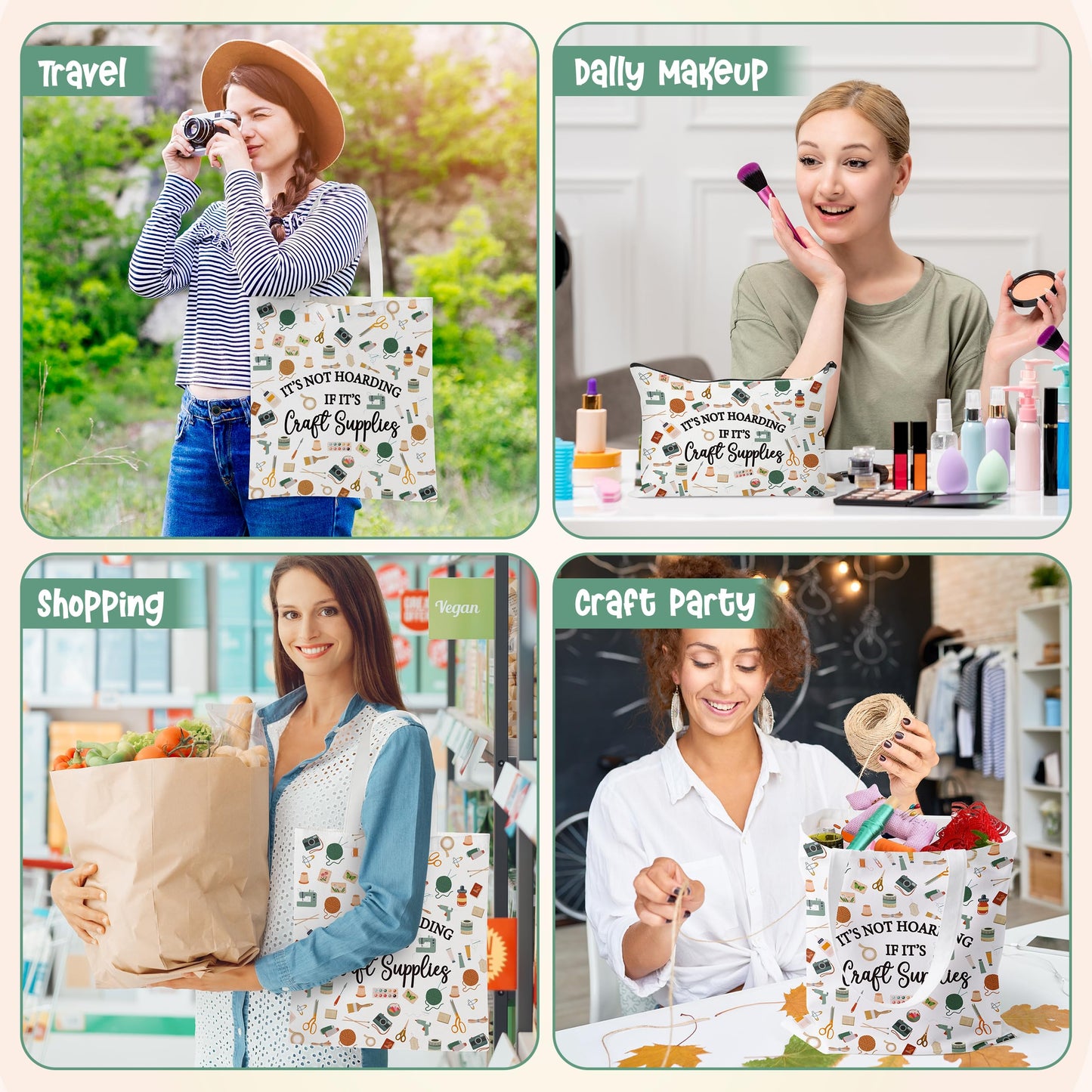 Y1tvei Crafter Canvas Bag Set - 2Pcs It's Not Hoarding If It's Craft Supplies Canvas Tote Bag Makeup Pouch, Craft Reusable Grocery Shopping Handbag Gift for Crafting Sewing Lover Birthday Party Favors