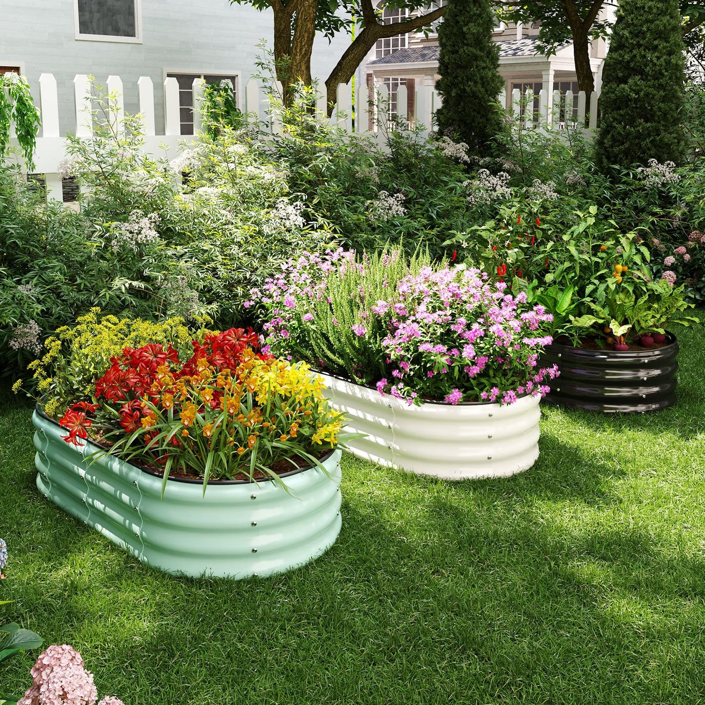 ZFHgarden Galvanized Metal Planter Round Raised Garden Bed Kit for Gardening Outdoor,2x2x1ft Grow Garden Box Raised Flower Bed,Round Galvanized Planter Outdoor Metal Fire Pit Ring Green