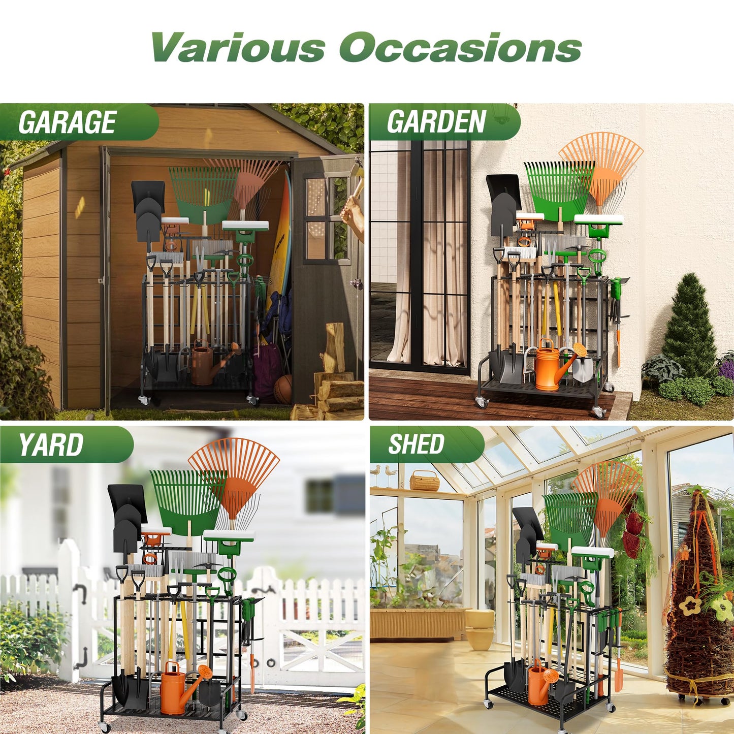 Garden Tool Organizer Rack with Wheels Up to 39 Tools, Heavy-Duty Steel Yard Tool Organizer for Garage Storage with 12 Hooks, Broom Holder & Garden Tool Rack for Shed, Patio, Outdoor Use, Black