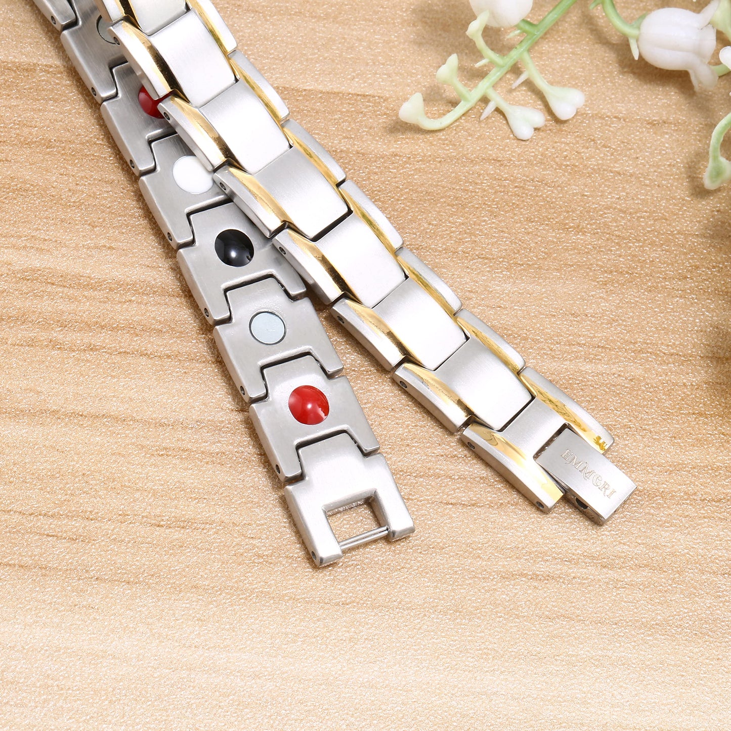 EMMORI Ultra Strength Magnetic Bracelet - 3,500 Gauss Per Magnet -Magnetic Bracelets for Men Woman - Adjustable Length -Pulseras Magneticas (Silver Gold)