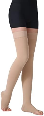TOFLY® Thigh High Compression Stockings for Women & Men (Pair), Open Toe, Opaque 20-30 mmHg Graduated Compression Hose, Medical Compression Stockings for Varicose Veins, Edema, DVT, Travel,Beige S