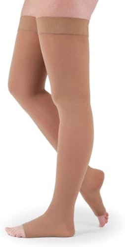 medi Assure 20-30 mmHg Thigh High Compression Stockings with Silicone Top Band – Open Toe Leg Circulation, Stockings for Women, Semi-Opaque Leg Support Compression Hosiery , Small, Beige
