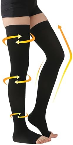 MGANG Medical Thigh High Compression Stockings for Men & Women, Pair, Open Toe, 15-20 mmHg Graduated Compression Support Hose, Opaque, Best for Varicose Veins, Edema, Flight, DVT, Swelling, Black S