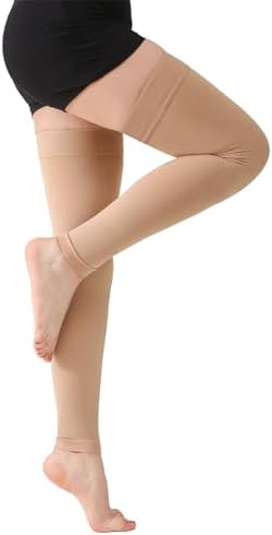 MGANG 15-20 mmHg Compression Stockings for Women & Men, Thigh High Medical Footless Graduated Compression Sleeves with Silicone Dot Band, for Varicose Veins, Edema, Travel, Flight, Pregnant, Beige XXL