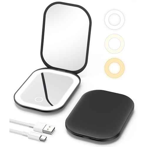 Gospire Lighted Compact Mirror with Light and Magnification 1X/3X, Stepless Dimming and Three-Color Adjustable Lights, Rechargeable Battery and Small Mirror for Purse and Travel - Black