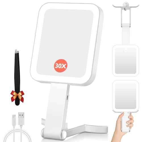 Magnifying Travel Mirror with Light, 30X/1X Double-Sided Magnifying Mirror with 3 Color Lights, Brightness Adjustable, Foldable Handheld Makeup Mirrors Portable for Travel and Desktop Use