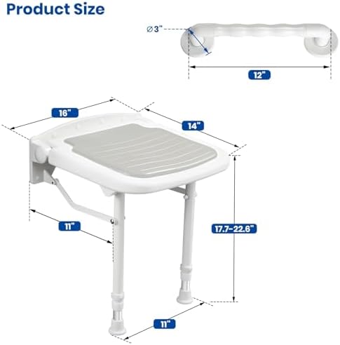 Wall Mounted Shower Seats with Bathroom Grab Bar, Support 550lbs, Adjustable Height Fold Down Shower Seat Wall Mounted, Folding Shower Bench Wall Mounted for Elderly-Adults-Pregnants-Seniors-Disabled