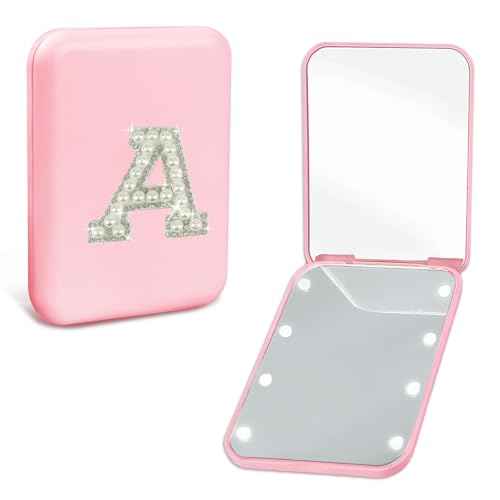 Preppy Stuff Pearl Initial Travel Compact Mirror with Lights, Personalized 1X/2X Magnification Mini LED Pocket Makeup Mirror for Purse Trendy Gift Stocking Stuffers for Women Teen Girls (A)
