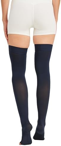 MGANG Medical Thigh High Compression Stockings for Men & Women, Pair, Open Toe, 15-20 mmHg Graduated Compression Support Hose, Opaque, Best for Varicose Veins, Edema, Flight, Swelling, Navy Blue XL