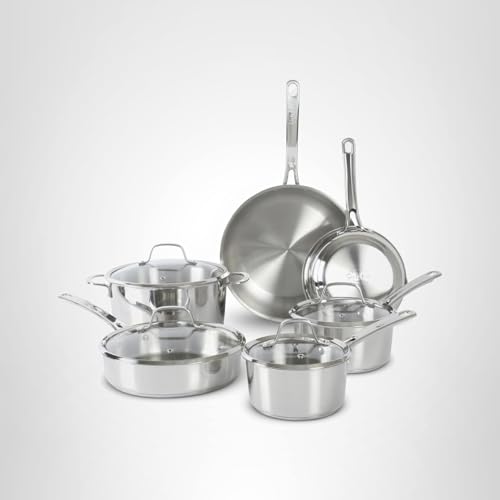 Sur La Table Kitchen Essentials Chef's Deck 10 Piece Stainless Steel Non Toxic Pots and Pans Kitchen Cookware Set w/Triply Encapsulated Base - Induction Safe