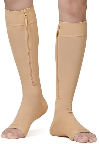 NURCOM Zipper Copper Compression Socks Open Toe Beige 15-20 mmHg Knee High Stockings, Designed for Circulation, Varicose Veins, Swelling, Venous Insufficiency, Post-Operative Recovery, 5X-Large