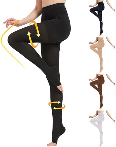 MGANG Medical Compression Pantyhose for Women & Men, 15-20mmHg Graduated Compression Support Tights, Open Toe, Opaque Waist High Compression Stockings for Edema, Varicose Veins, Flight, DVT, Black L