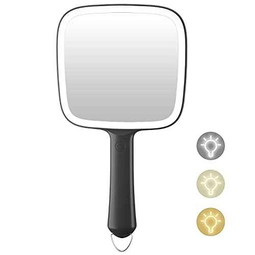 Famihomii Hand Mirror with 3 Light Color & Dimmable, Lighted Handheld Mirror, Lightweight & Durable, Portable & Hangable for Makeup Application, Hair Styling, Shaving, Battery Operated