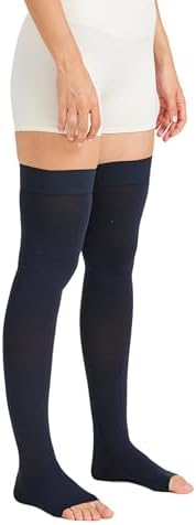 MGANG Medical Thigh High Compression Stockings for Men & Women, Pair, Open Toe, 15-20 mmHg Graduated Compression Support Hose, Opaque, Best for Varicose Veins, Edema, Flight, Swelling, Navy Blue S