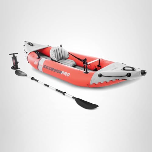 INTEX 68303EP Excursion Pro K1 Inflatable Kayak Set: Includes Deluxe 86in Kayak Paddles and High-Output Pump – SuperTough PVC – Adjustable Bucket Seat – 1-Person – 220lb Weight Capacity