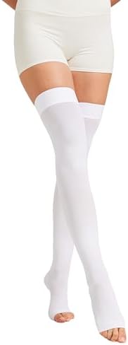 MGANG Medical Thigh High Compression Stockings for Men & Women, Pair, Open Toe, 15-20 mmHg Graduated Compression Support Hose, Opaque, Best for Varicose Veins, Edema, Flight, DVT, Swelling, White 4XL