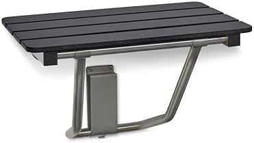 24-inch x 15-inch ADA Folding Wall Mount Bathroom Shower Seat Bench, Black Slatted Phenolic Seat