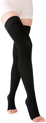 TOFLY® Thigh High Compression Stockings for Women & Men (Pair), Open Toe, Opaque 20-30 mmHg Graduated Compression Hose, Medical Compression Stockings for Varicose Veins, Edema, DVT, Travel,Black XXL