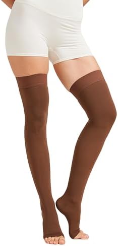 MGANG Medical Thigh High Compression Stockings for Men & Women, Pair, Open Toe, 15-20 mmHg Graduated Compression Support Hose, Opaque, Best for Varicose Veins, Edema, Flight, DVT, Swelling, Brown XL