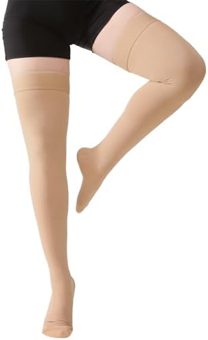 MGANG Medical 15-20 mmHg Compression Stockings for Women & Men, Pair, Thigh High Graduated Compression Socks, Closed Toe, Opaque, Support for Varicose Veins, Edema, DVT, Swelling, Flight, Beige L