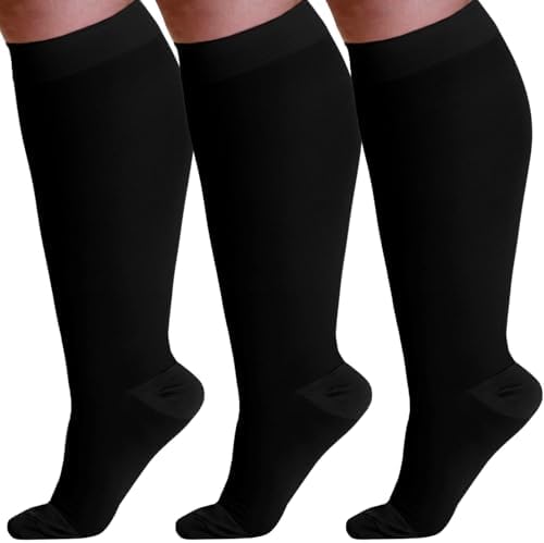 ABSOLUTE SUPPORT (3 Pairs) Wide Calves Compression Socks for Women & Men Circulation 20-30mmHg - Support Hose for Swelling, Leg Pain, Edema, Post Surgery Recovery - Black, 2X-Large - A501BL5-3