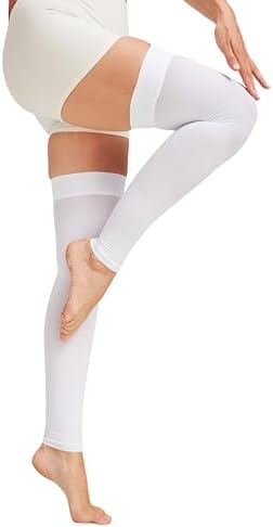 MGANG 15-20 mmHg Compression Stockings for Women & Men, Thigh High Medical Footless Graduated Compression Sleeves with Silicone Dot Band, for Varicose Veins, Edema, Travel, Flight, Pregnant, White M
