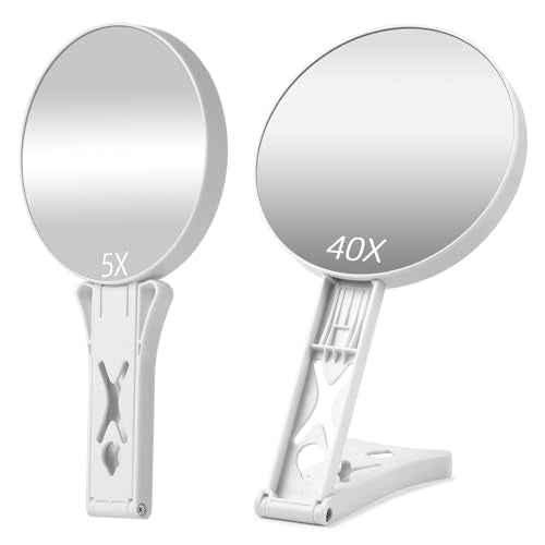 Magnifying Mirror 40X/5X Double Sided Hand Mirror, Precision Makeup at 40X Magnification & Overall View at 5X£¬Travel Handheld Magnified Makeup Mirror with Handle & Table Stand, Vanity Cosmetic Mirror