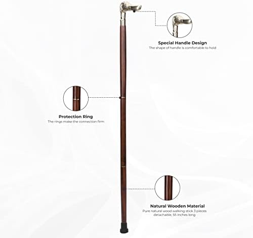 Ajuny Wooden Walking Stick for Men Women Seniors Lightweight Detachable Handmade Cane with Decorative Brass Handle Unique Gift for Adults