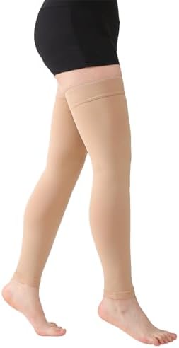 MGANG 15-20 mmHg Compression Stockings for Women & Men, Thigh High Medical Footless Graduated Compression Sleeves with Silicone Dot Band, for Varicose Veins, Edema, Travel, Flight, Pregnant, Beige XXL