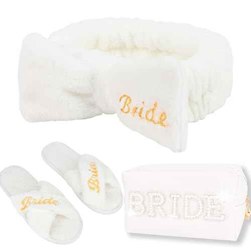 CIEHER Bride To Be Gift Set - Spa Headband & Slippers, Makeup Bag