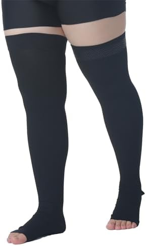 MGANG Medical Thigh High Compression Stockings for Men & Women, Pair, Open Toe, 15-20 mmHg Graduated Compression Support Hose, Opaque, Best for Varicose Veins, Edema, Flight, DVT, Swelling, Black 4XL