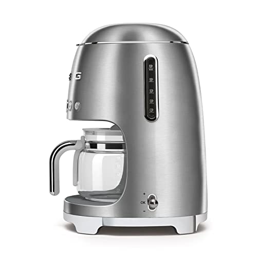Smeg 50's Retro Style Aesthetic Drip Coffee Machine with 10 Cup Glass Carafe, Auto Start Feature, Keep Warm Plate, and Two Coffee Strength Settings (Brushed Stainless Steel)