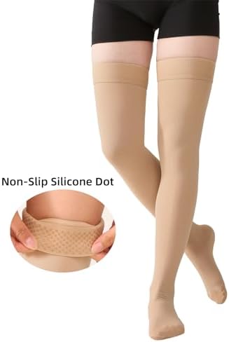 MGANG Medical 15-20 mmHg Compression Stockings for Women & Men, Pair, Thigh High Graduated Compression Socks, Closed Toe, Opaque, Support for Varicose Veins, Edema, DVT, Swelling, Flight, Beige S