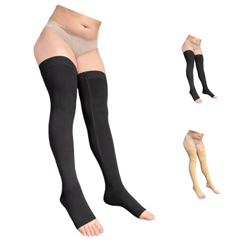 Thigh High 20-30 mmHg Compression Wide Calf Inside Leg Zipper Open Toe (Black, Small-Medium)