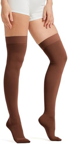 MGANG Medical 15-20 mmHg Compression Stockings for Women & Men, Pair, Thigh High Graduated Compression Socks, Closed Toe, Opaque, Support for Varicose Veins, Edema, DVT, Swelling, Flight, Brown S