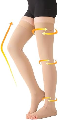 MGANG Medical Thigh High Compression Stockings for Men & Women, Pair, Open Toe, 20-30 mmHg Graduated Compression Support Hose, Opaque, Best for Varicose Veins, Edema, Flight, DVT, Swelling, Beige S