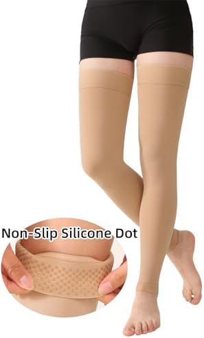 MGANG 15-20 mmHg Compression Stockings for Women & Men, Thigh High Medical Footless Graduated Compression Sleeves with Silicone Dot Band, for Varicose Veins, Edema, Travel, Flight, Pregnant, Beige XXL