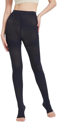 MGANG Medical Compression Pantyhose for Women & Men, 15-20mmHg Graduated Compression Support Tights, Open Toe, Opaque Waist High Compression Stockings for Edema, Varicose Veins, Flight, Navy Blue XL