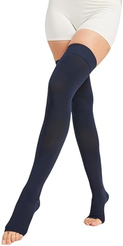 MGANG Medical Thigh High Compression Stockings for Men & Women, Pair, Open Toe, 15-20 mmHg Graduated Compression Support Hose, Opaque, Best for Varicose Veins, Edema, Flight, Swelling, Navy Blue S
