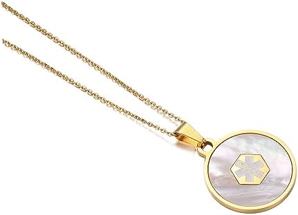 Medical Alert Necklace for Women Shell & Gold-Tone Stainless Steel Emergency ID Tag Pendant Necklace for Girls Custom Engraved Medical Alert Jewelry