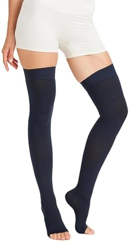 MGANG Medical Thigh High Compression Stockings for Men & Women, Pair, Open Toe, 15-20 mmHg Graduated Compression Support Hose, Opaque, Best for Varicose Veins, Edema, Flight, Swelling, Navy Blue S