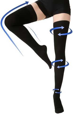 Thigh High Compression Stockings Closed Toe for Men & Women, Opaque, KEKING 15-20mmHg Graduated Compression Leg Support Hose with Silicone Band - Swelling, Varicose Veins, Edema, DVT, Black Large