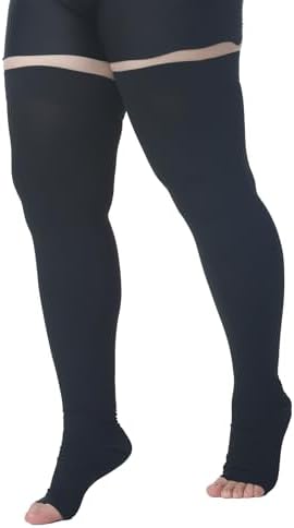 MGANG Medical Thigh High Compression Stockings for Men & Women, Pair, Open Toe, 15-20 mmHg Graduated Compression Support Hose, Opaque, Best for Varicose Veins, Edema, Flight, DVT, Swelling, Black 4XL
