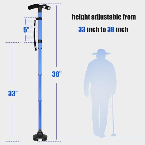 Folding Cane with Led Light, Adjustable Canes for Men and Women, Walking Stick for Elderly with Cushion Handle and Pivoting Quad Base for Hiking Mountain Climbing Backpacker…