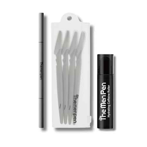 The Men Pen Refresher Kit | Eyebrow, Beard & Hair Filler + Caffeine Eye Roller + Razor 4-Pack, Waterproof, Long-Lasting, Sweat-Proof Grooming Essentials