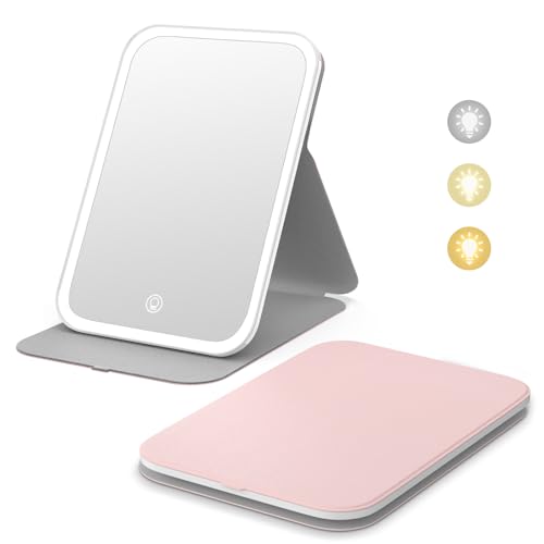 Kintion Travel Makeup Mirror, Portable LED Lighted Makeup Mirror, 360¡Æ Rotation Touch Screen Vanity Mirror, 60 LEDs, 3-Color Dimmable Lighting, Rechargeable Tabletop Folding Cosmetic Mirror, Pink